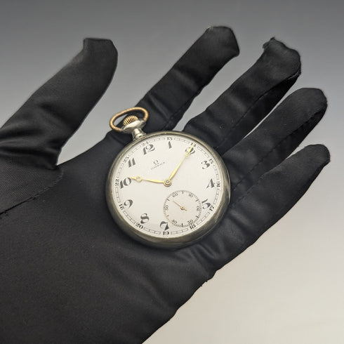 Around 1920 Antique Omega pocket watch silver plated open face with translation